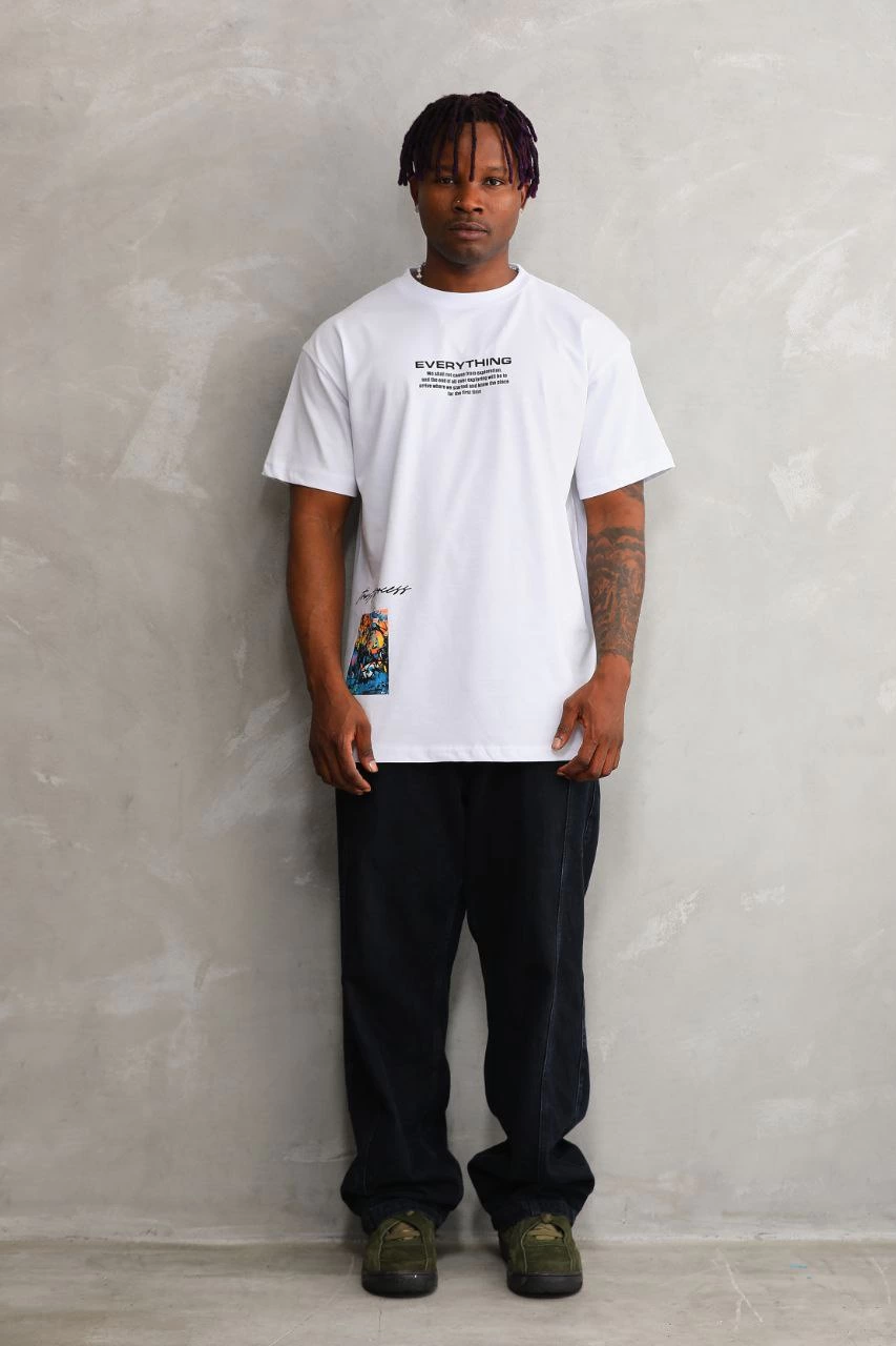 Erkek Bisiklet Yaka Baskılı Oversize T-Shirt - Beyaz