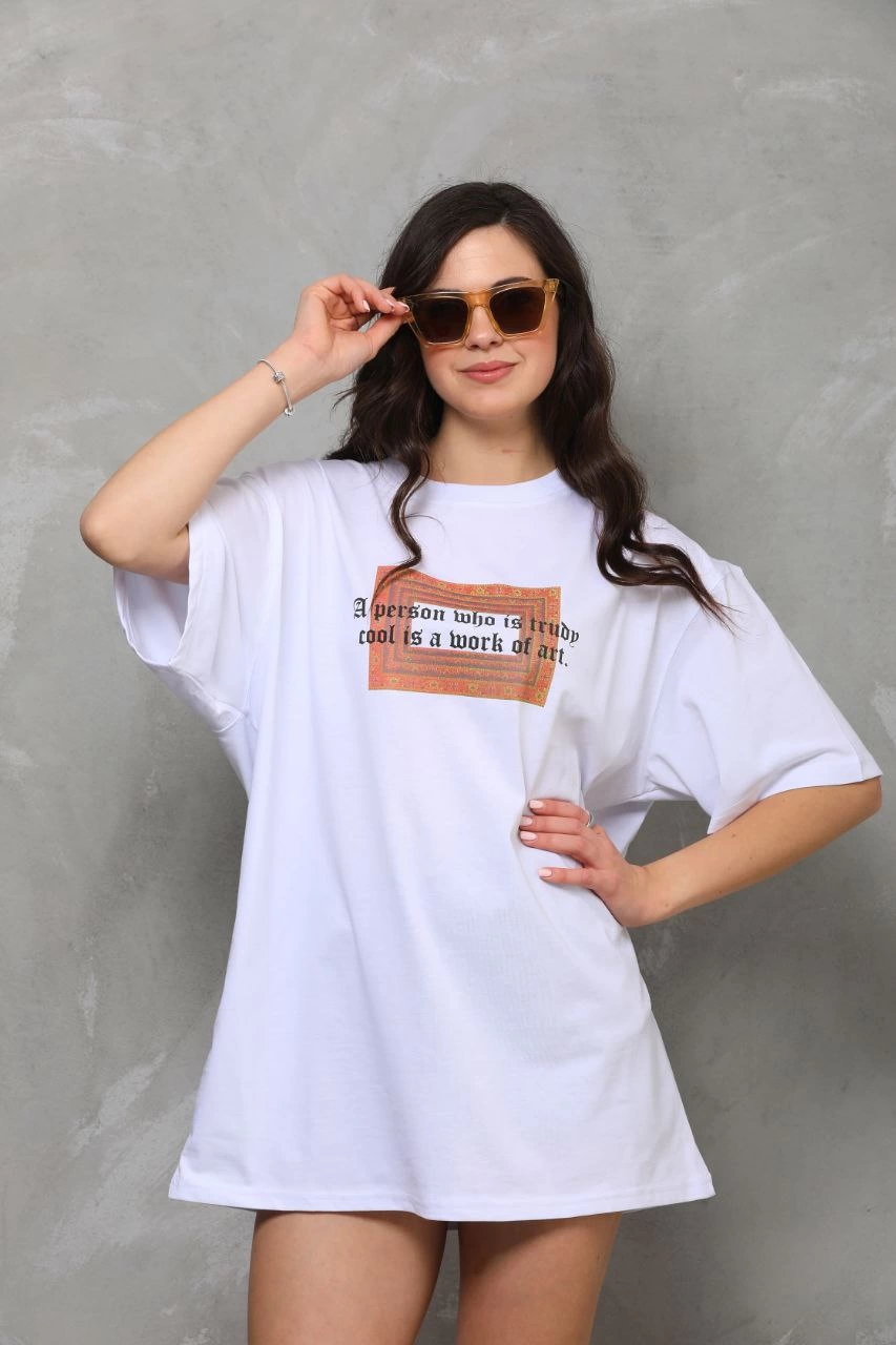 Kadın Baskılı T-Shirt Kısa Kol Bisiklet Yaka Oversize Rahat Kalıp Tişört - Beyaz