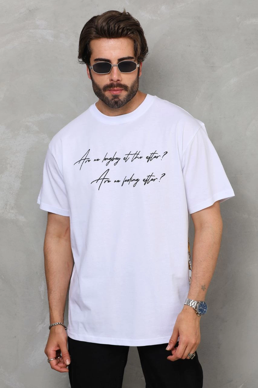Erkek Kısa Kol Yazlık Tişört Bisiklet Yaka Baskılı Oversize T-Shirt - Beyaz