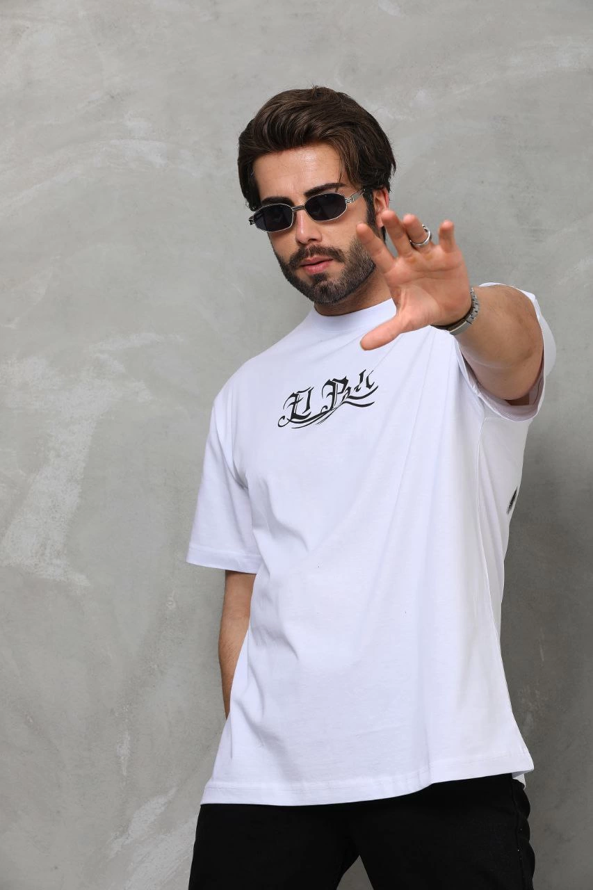 Erkek Kısa Kol Yazlık Tişört Bisiklet Yaka Baskılı Oversize T-Shirt - Beyaz