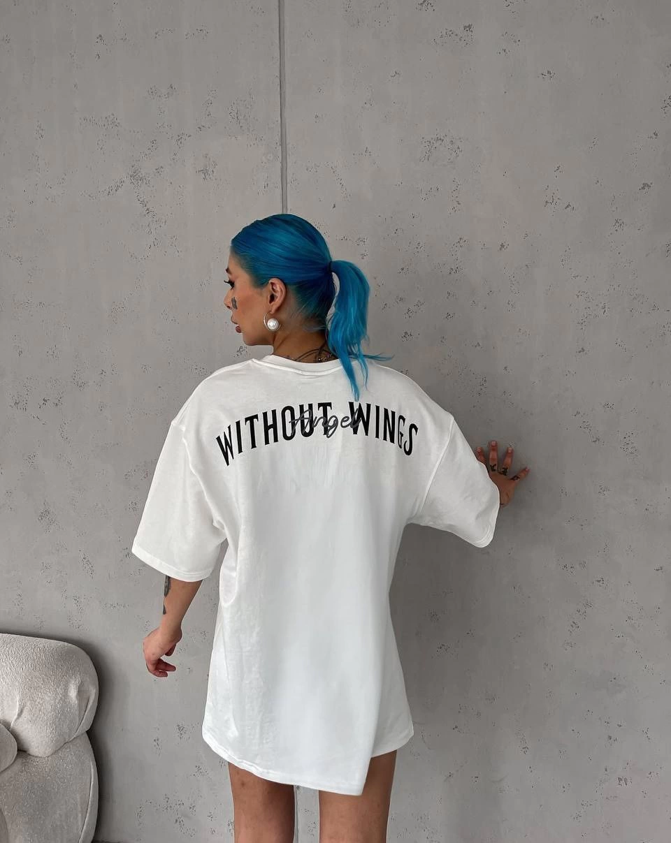 Kadın Kısa Kol Yazlık Tişört Bisiklet Yaka Baskılı Oversize T-Shirt - Beyaz
