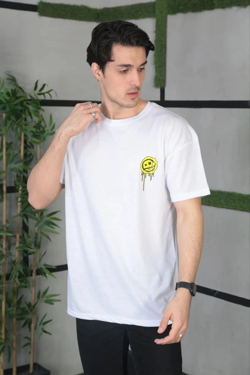 Erkek Kısa Kol Yazlık Tişört Bisiklet Yaka Baskılı Oversize T-Shirt - Beyaz
