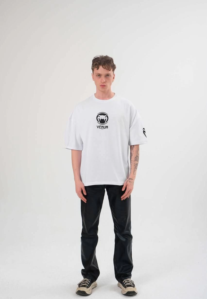 Erkek Kısa Kol Tişört Göğüs ve Kol Bisiklet Yaka Baskılı T-Shirt - Beyaz
