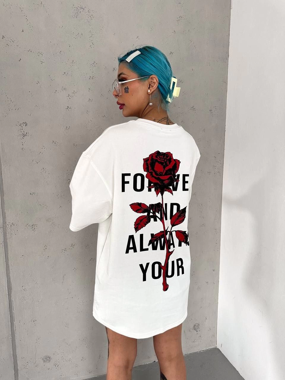 kadın Bisiklet Yaka Baskılı Oversize Kısa kol  T-Shirt - Beyaz
