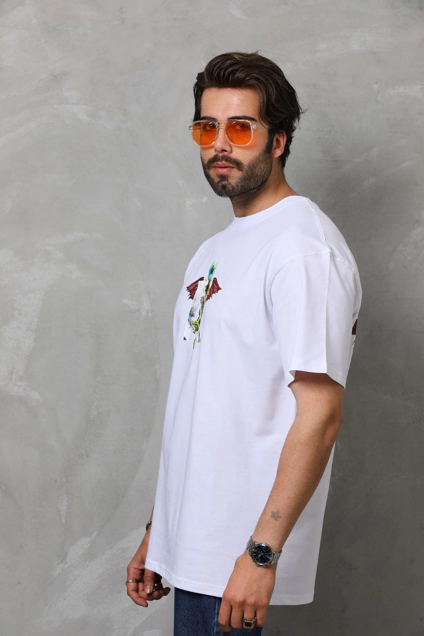 Erkek Baskılı T-Shirt Kısa Kol Bisiklet Yaka Regular Fit Rahat Kalıp Tişört -  Beyaz
