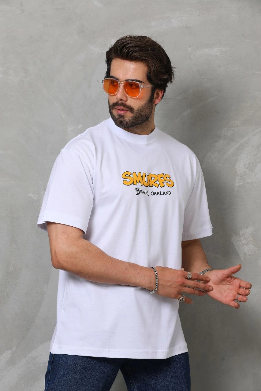 Erkek Kısa Kol Yazlık Tişört Bisiklet Yaka Baskılı Oversize T-Shirt - Beyaz