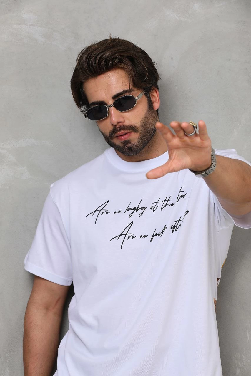 Erkek Kısa Kol Yazlık Tişört Bisiklet Yaka Baskılı Oversize T-Shirt - Beyaz