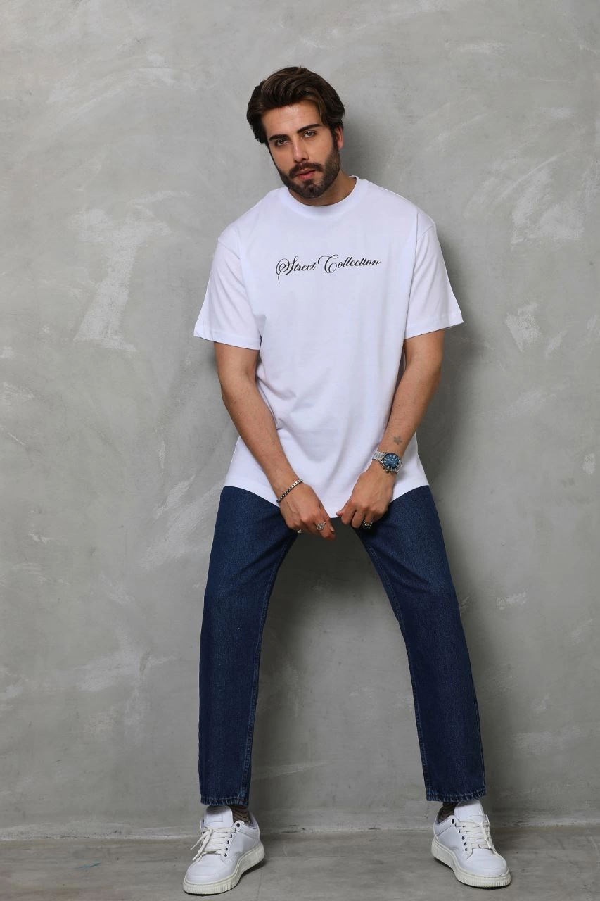 Erkek Bisiklet Yaka Baskılı Kısa Kol  T-Shirt - Beyaz