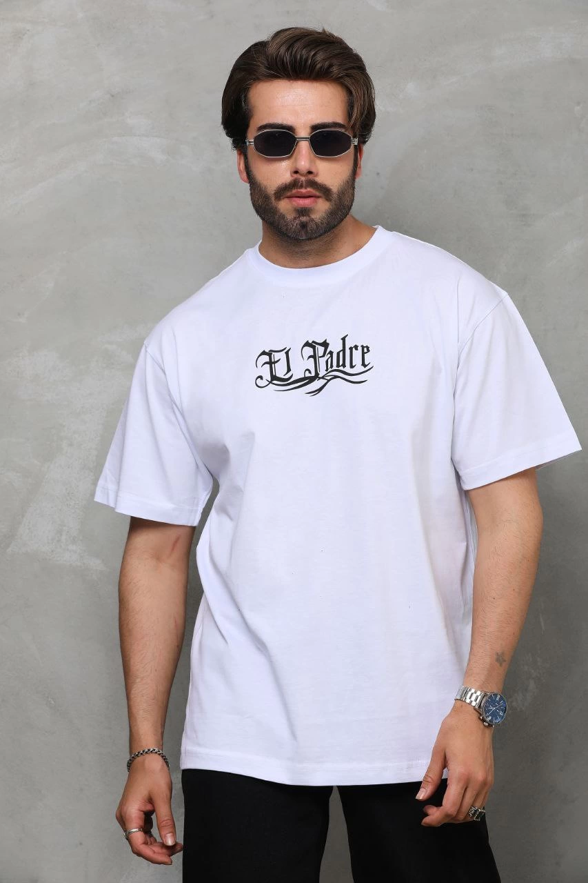Erkek Kısa Kol Yazlık Tişört Bisiklet Yaka Baskılı Oversize T-Shirt - Beyaz