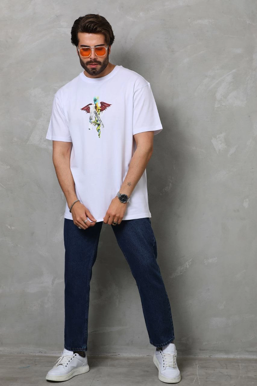 Erkek Baskılı T-Shirt Kısa Kol Bisiklet Yaka Regular Fit Rahat Kalıp Tişört -  Beyaz