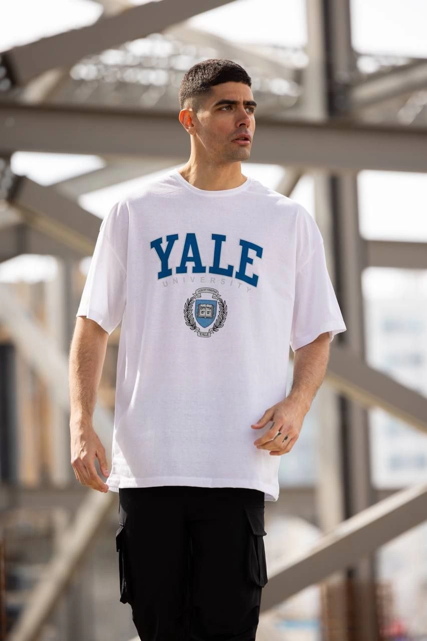 Erkek Kısa Kol Yazlık Tişört Bisiklet Yaka YALE Baskılı  T-Shirt - Beyaz