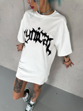 kadın Bisiklet Yaka Baskılı Oversize  Kısa kol T-Shirt - Beyaz