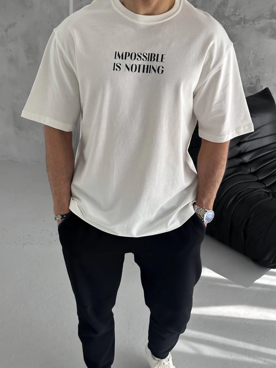 Erkek Bisiklet Yaka Baskılı Oversize  Kısa kol T-Shirt - Beyaz