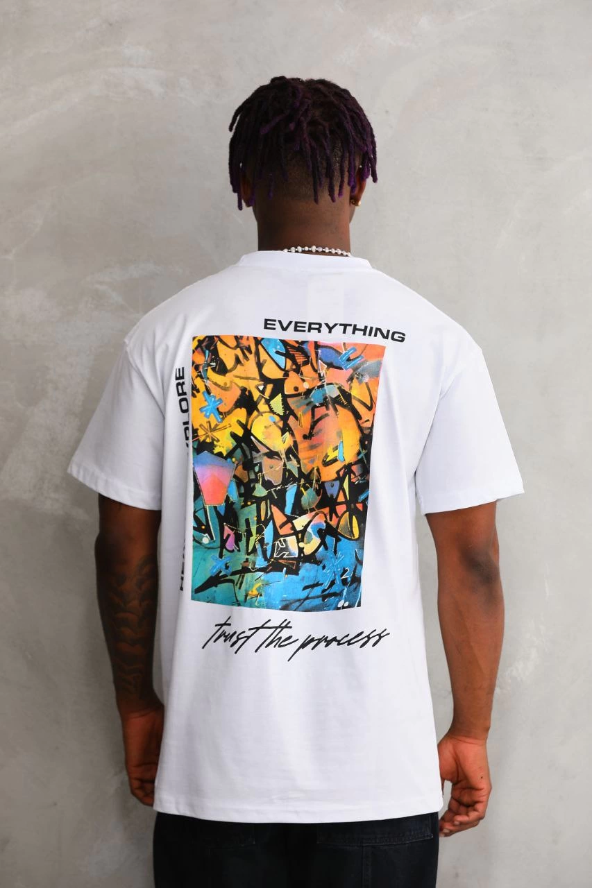 Erkek Bisiklet Yaka Baskılı Oversize T-Shirt - Beyaz