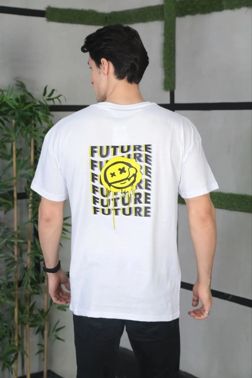 Erkek Kısa Kol Yazlık Tişört Bisiklet Yaka Baskılı Oversize T-Shirt - Beyaz