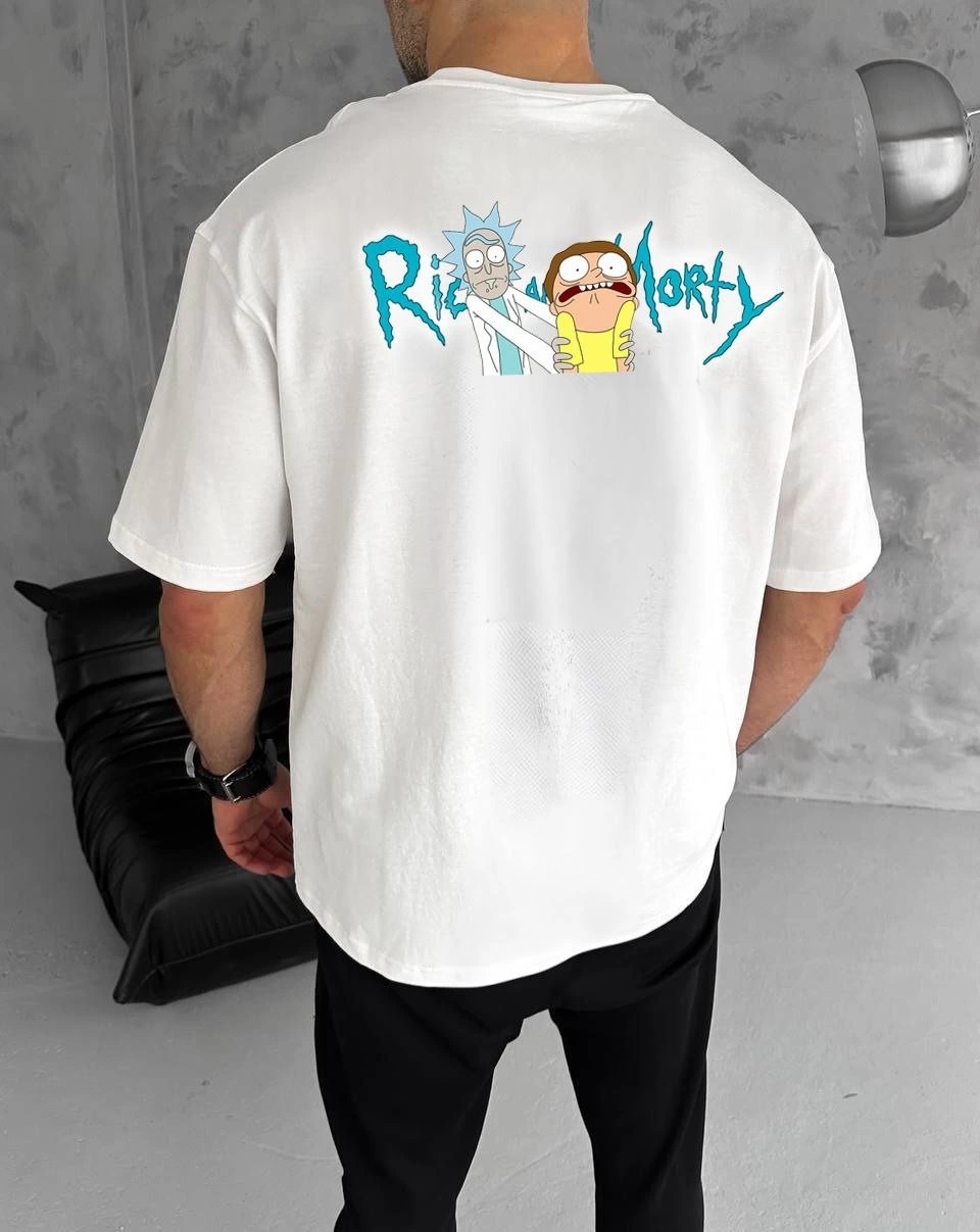 Erkek Kısa Kol Tişört Bisiklet Yaka RİCK AND MORTY Baskılı T-Shirt - Beyaz