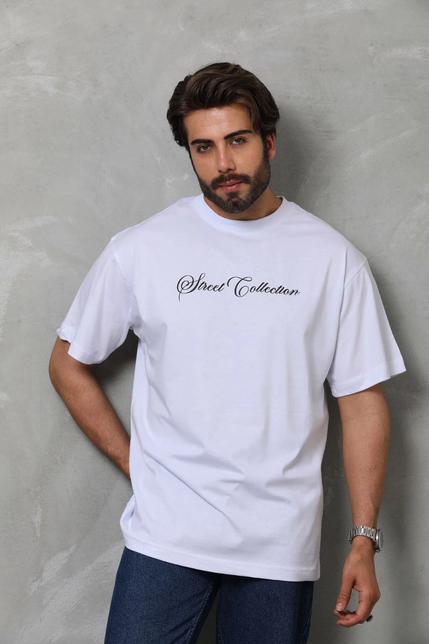 Erkek Bisiklet Yaka Baskılı Kısa Kol  T-Shirt - Beyaz