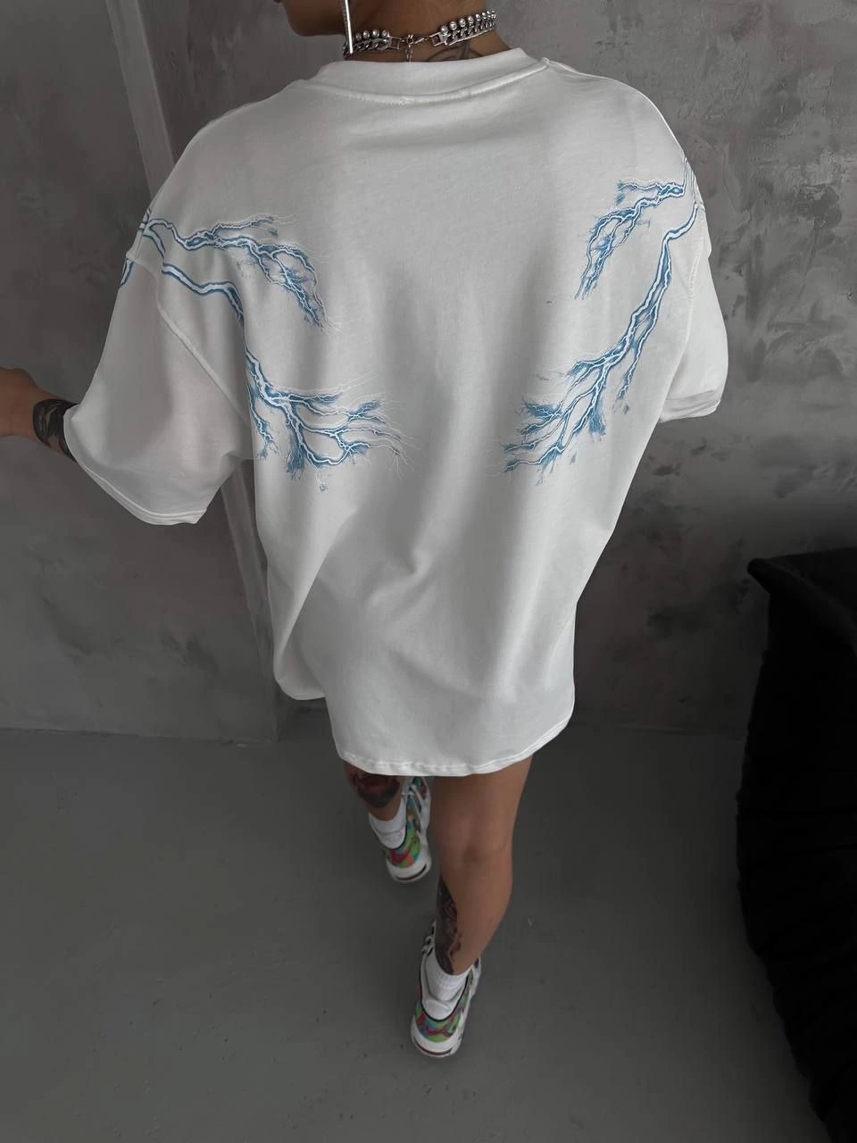 Kadın Tişort Bisiklet Yaka Yıldırım Şimşek Baskılı Kısa kol T-Shirt - Beyaz