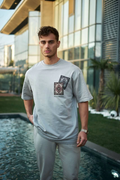 Erkek Kısa Kol Yazlık Tişört Bisiklet Yaka Baskılı Oversize T-Shirt - Boyalı Gri
