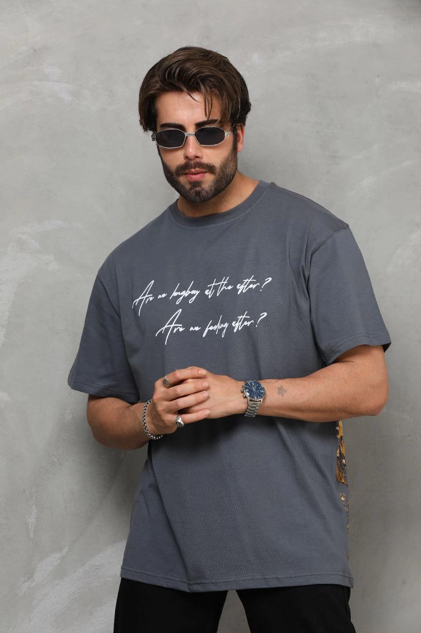 Erkek Kısa Kol Yazlık Tişört Bisiklet Yaka Baskılı Oversize T-Shirt - Füme