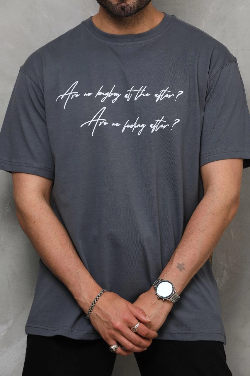 Erkek Kısa Kol Yazlık Tişört Bisiklet Yaka Baskılı Oversize T-Shirt - Füme