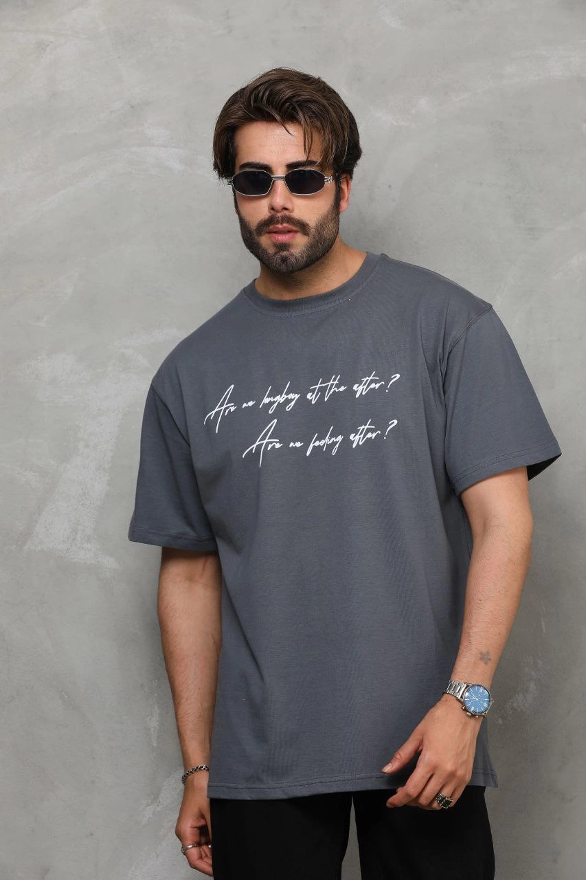 Erkek Kısa Kol Yazlık Tişört Bisiklet Yaka Baskılı Oversize T-Shirt - Füme