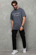 Erkek Kısa Kol Yazlık Tişört Bisiklet Yaka Baskılı Oversize T-Shirt - Füme