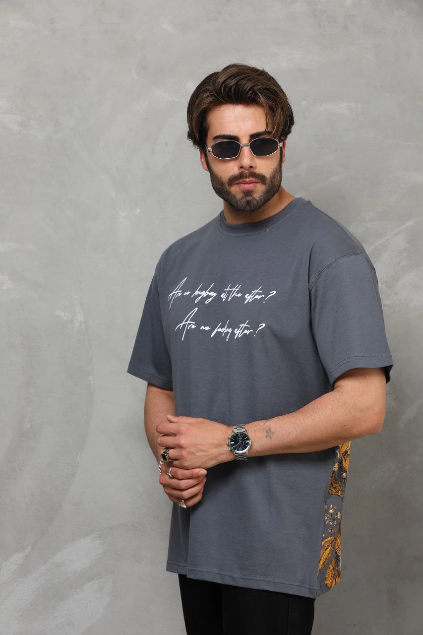 Erkek Kısa Kol Yazlık Tişört Bisiklet Yaka Baskılı Oversize T-Shirt - Füme