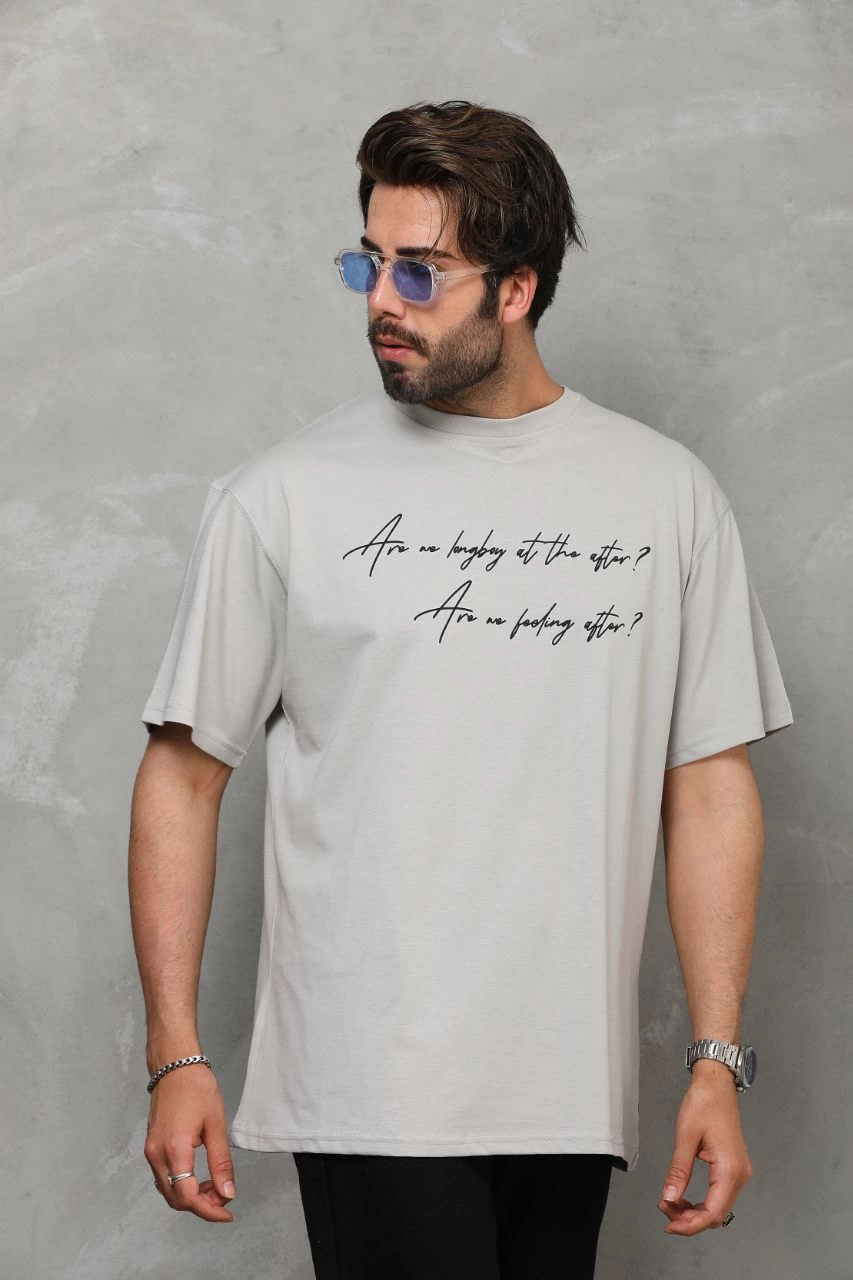 Erkek Kısa Kol Yazlık Tişört Bisiklet Yaka Baskılı Oversize T-Shirt - Gri