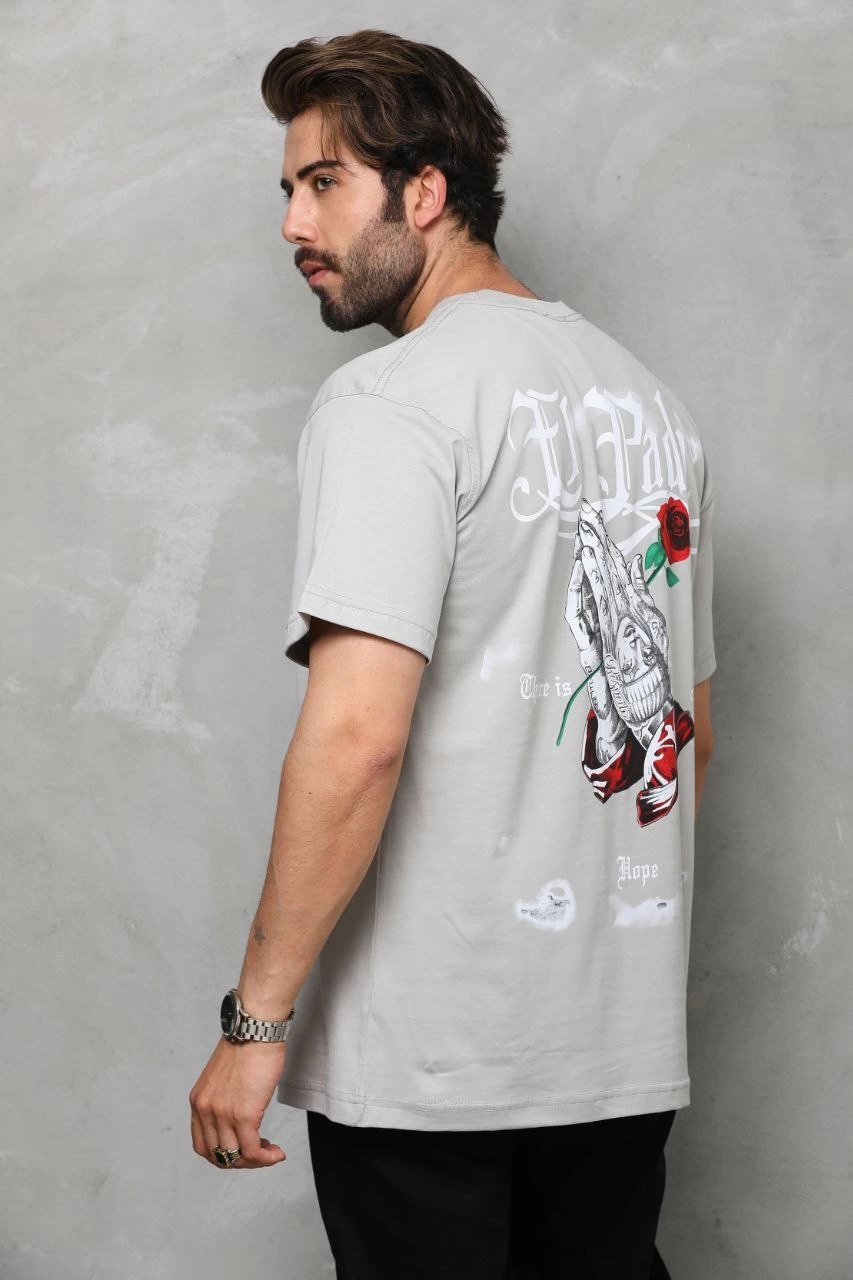 Erkek Kısa Kol Yazlık Tişört Bisiklet Yaka Baskılı Oversize T-Shirt - Gri