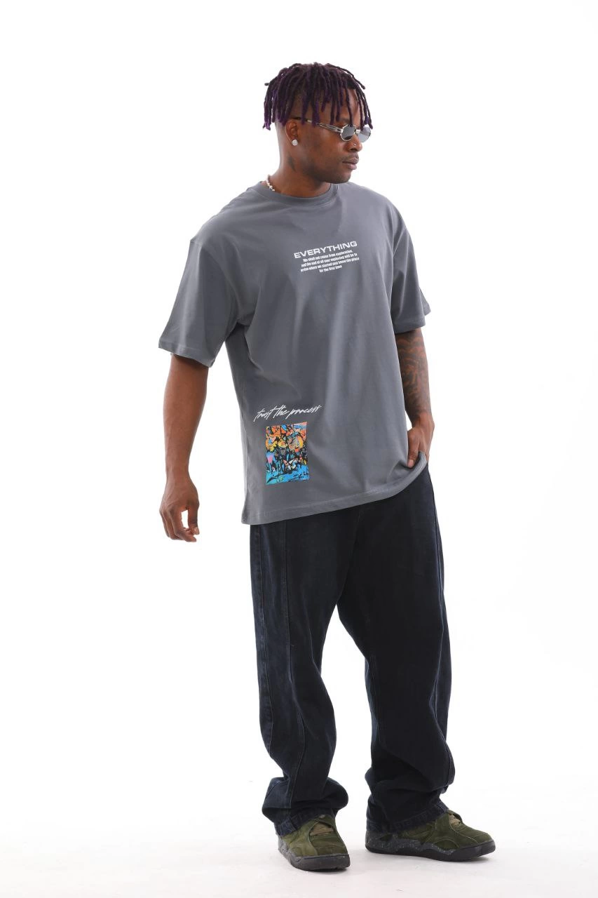 Erkek Tişort  Bisiklet Yaka Baskılı Oversize T-Shirt - Gri