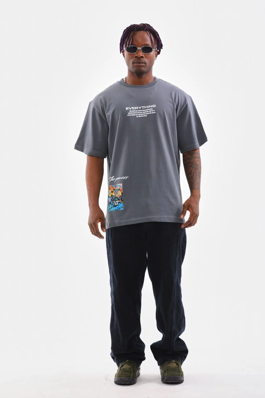 Erkek Tişort  Bisiklet Yaka Baskılı Oversize T-Shirt - Gri