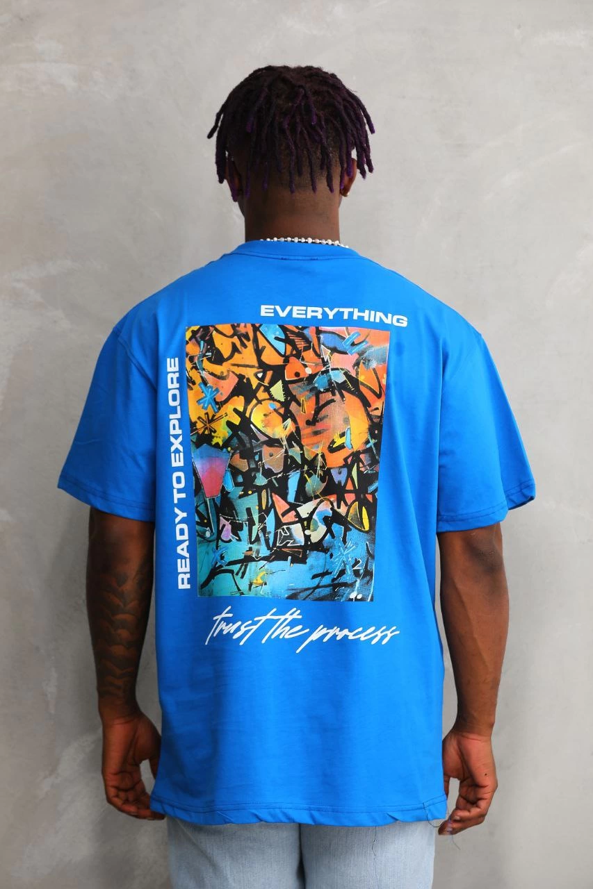 Erkek Bisiklet Yaka Baskılı Oversize T-Shirt - Mavi