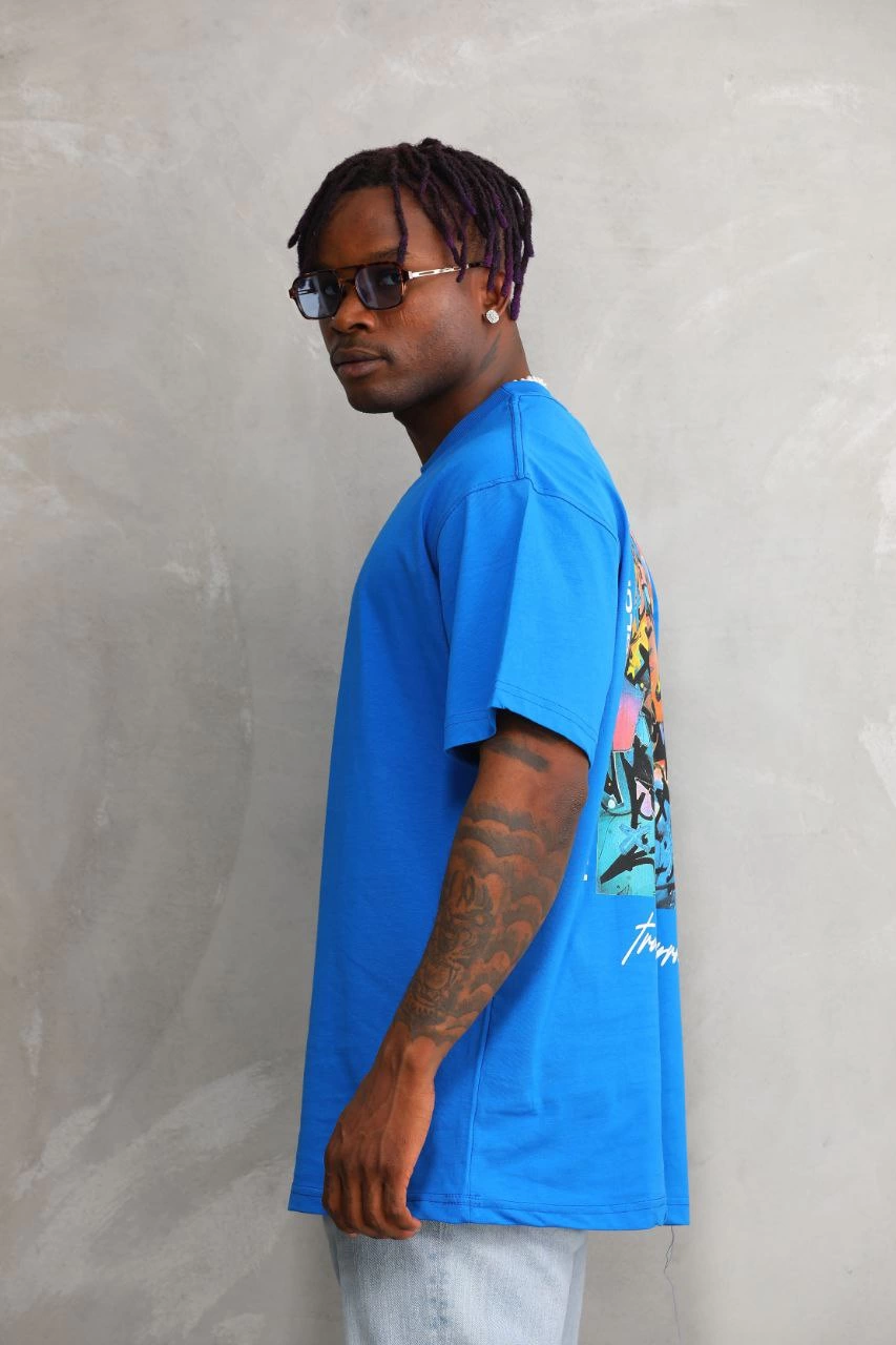 Erkek Bisiklet Yaka Baskılı Oversize T-Shirt - Mavi