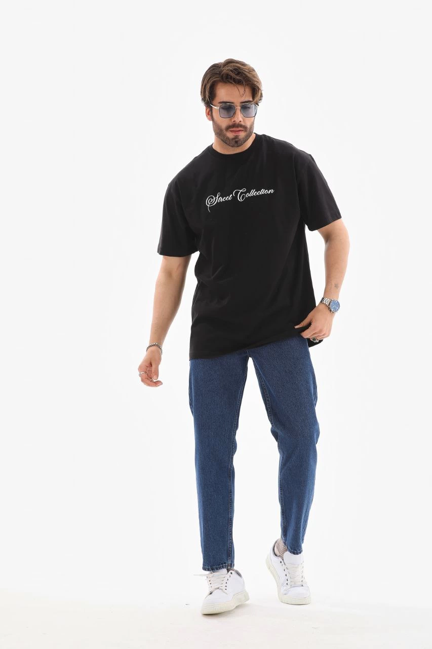 Erkek Kısa Kol Yazlık Tişört Bisiklet Yaka Baskılı Oversize T-Shirt - Siyah
