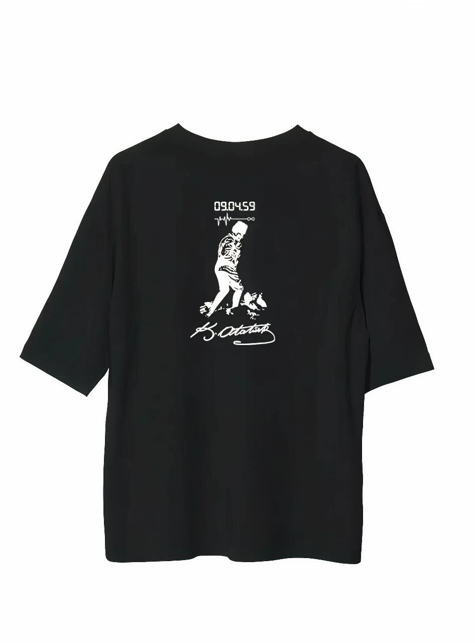 Erkek Kısa Kol Tişört Bisiklet Yaka ATATÜRK Baskılı T-Shirt - Siyah