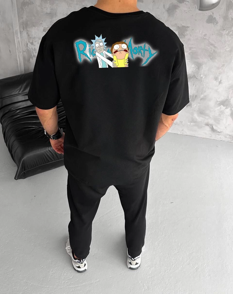 Erkek Kısa Kol Tişört Bisiklet Yaka RİCK AND MORTY Baskılı T-Shirt - Siyah