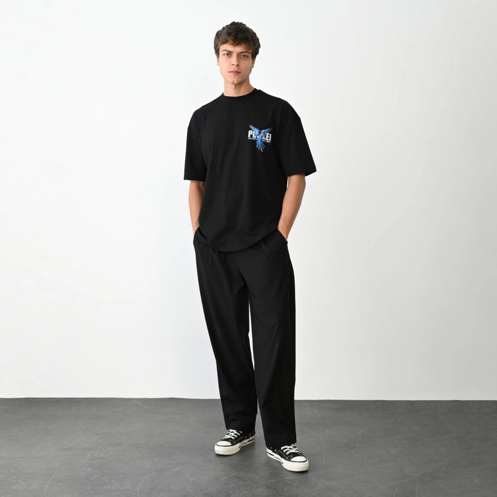 Erkek Baskılı T-Shirt Kısa Kol Bisiklet Yaka Regular Fit Rahat Kalıp Günlük Tişört - Siyah