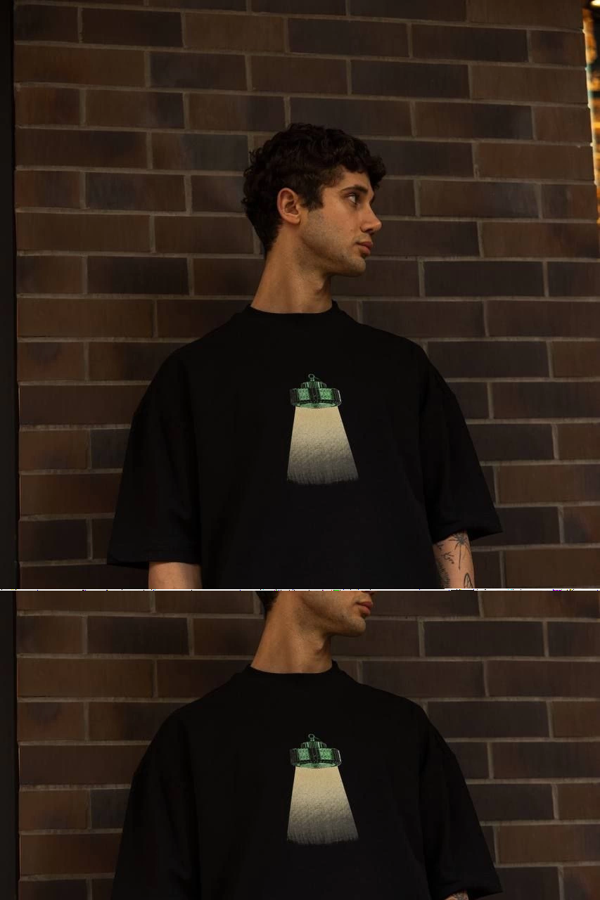 Erkek Kısa Kol Yazlık Tişört Bisiklet Yaka Baskılı Oversize T-Shirt - Siyah