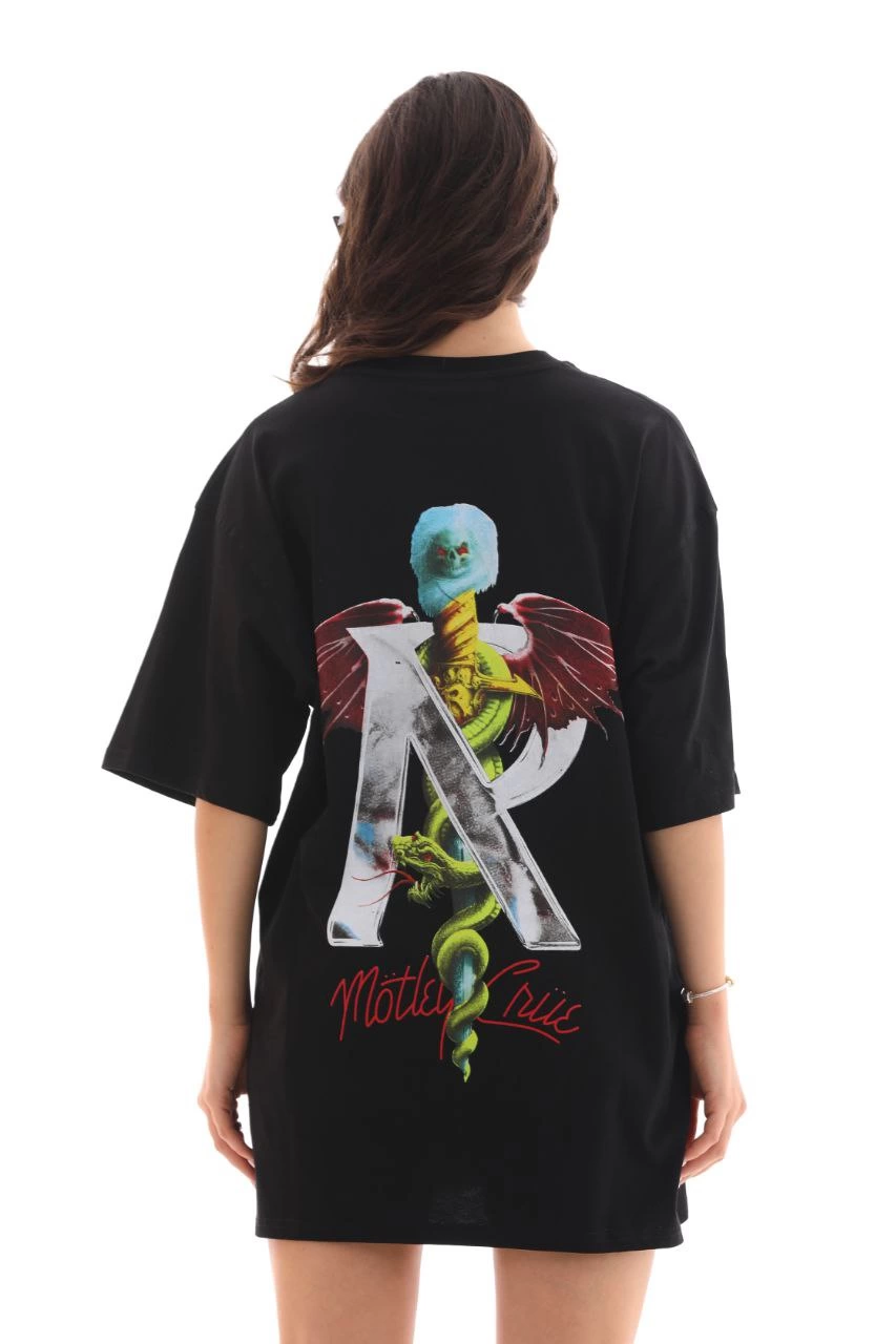 Kadın Baskılı T-Shirt Kısa Kol Bisiklet Yaka Regular Fit Rahat Kalıp Günlük Tişört -Siyah