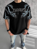 Erkek Bisiklet Yaka Tişört Yıldırım Şimşek Baskılı Kısa Kol T-Shirt -Siyah