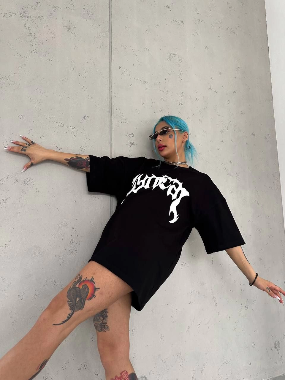 kadın Bisiklet Yaka Baskılı Oversize Kısa kol  T-Shirt - Siyah