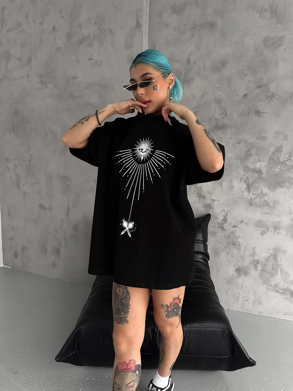kadın Bisiklet Yaka Baskılı Oversize  Kısa kol T-Shirt - Siyah