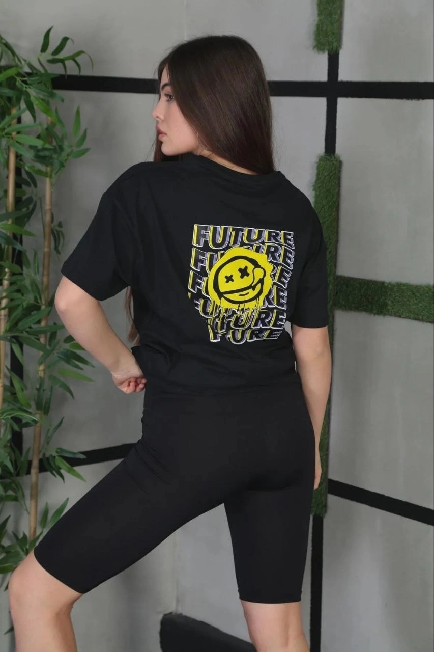 Kadın Bisiklet Yaka Baskılı  Kısa kol Oversize T-Shirt - Siyah