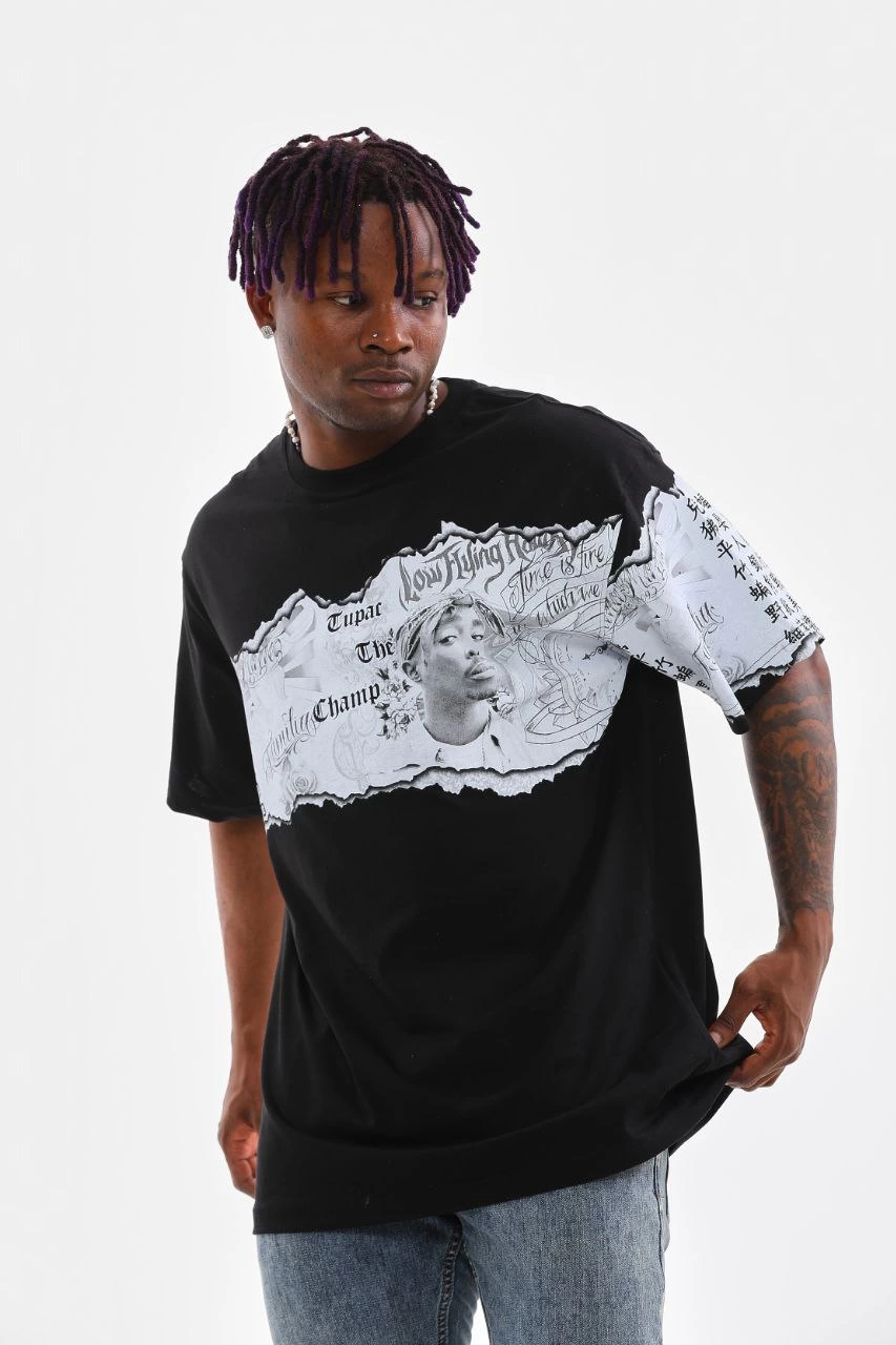 Erkek  Bisiklet Yaka Baskılı Oversize T-Shirt - Siyah