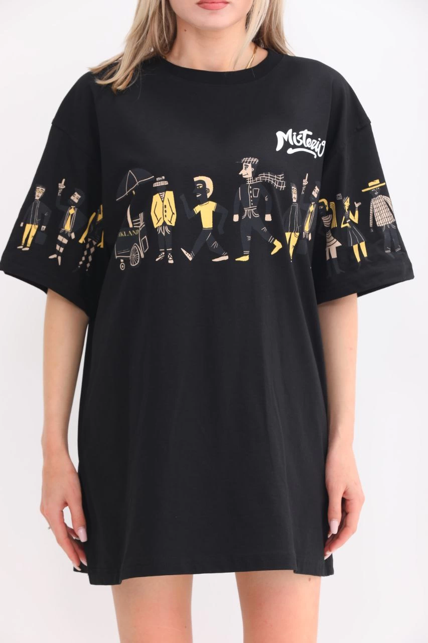 Kadın Kısa Kol Yazlık Tişört Bisiklet Yaka Baskılı Oversize T-Shirt - Siyah