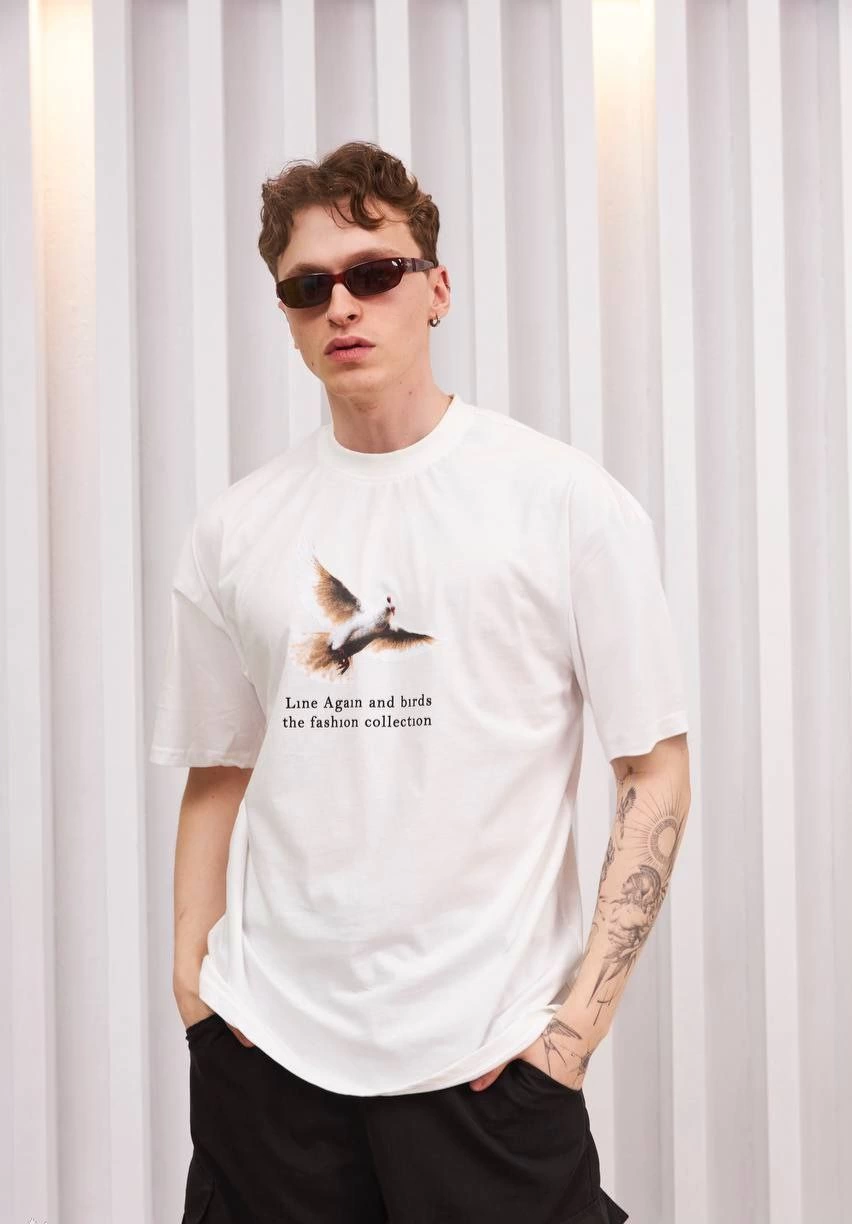 Erkek Kısa Kol Yazlık Tişört Bisiklet Yaka Baskılı Oversize T-Shirt - Siyah
