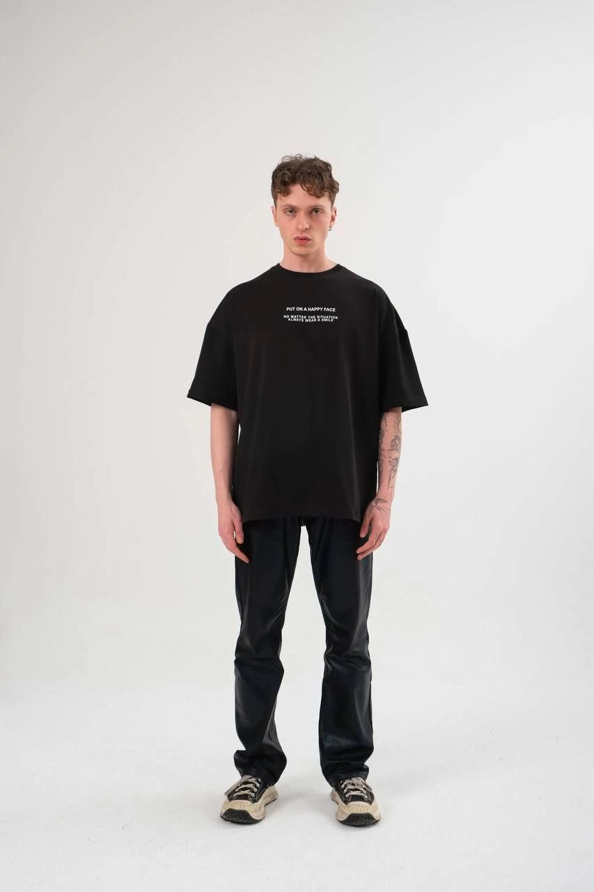 Kadın Baskılı T-Shirt Kısa Kol Bisiklet Yaka Oversize Rahat Kalıp Günlük Tişört   - Siyah