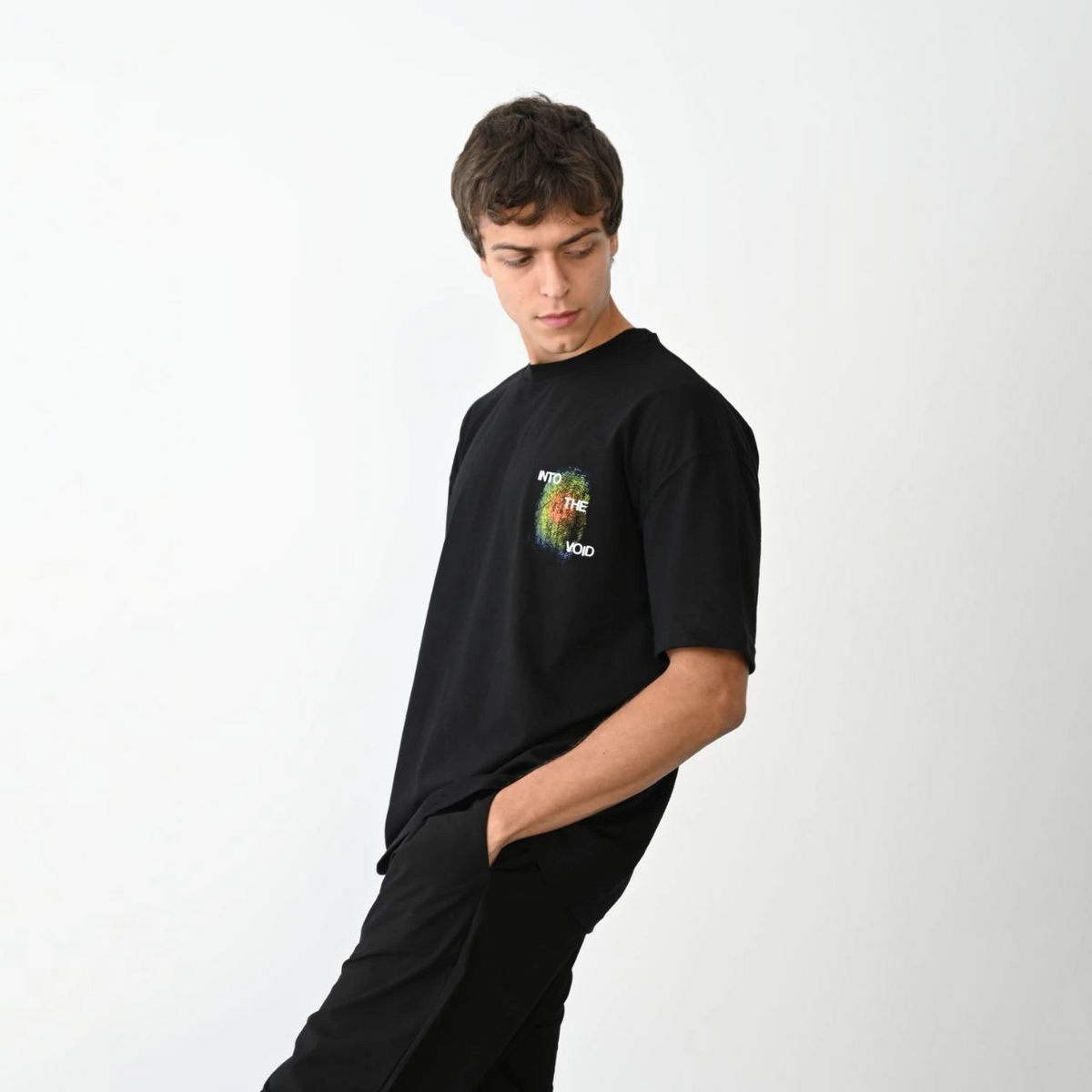 Erkek Kısa Kol Yazlık Tişört Bisiklet Yaka Baskılı Oversize T-Shirt - Siyah