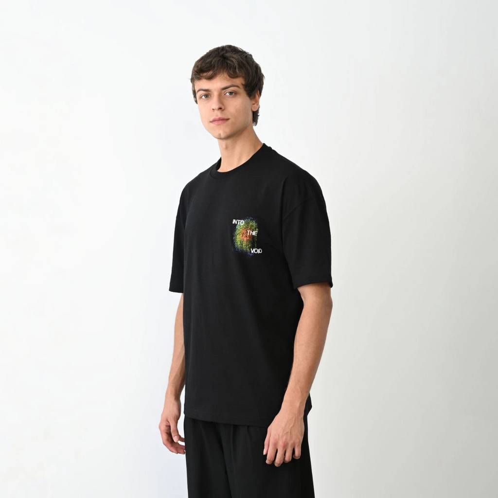 Erkek Kısa Kol Yazlık Tişört Bisiklet Yaka Baskılı Oversize T-Shirt - Siyah